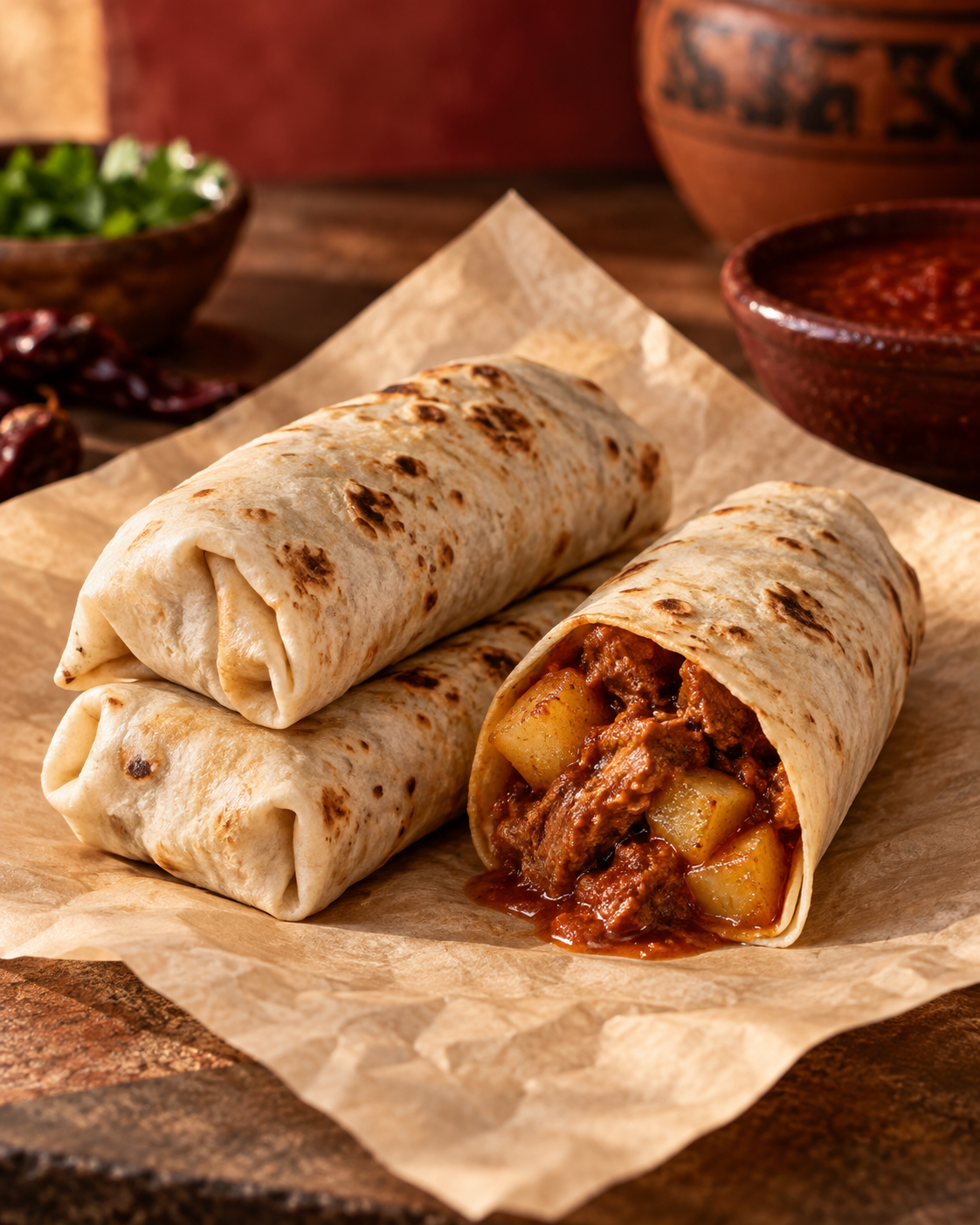 AI concept: three burritos, including Colorado with red chile sauce and potatoes