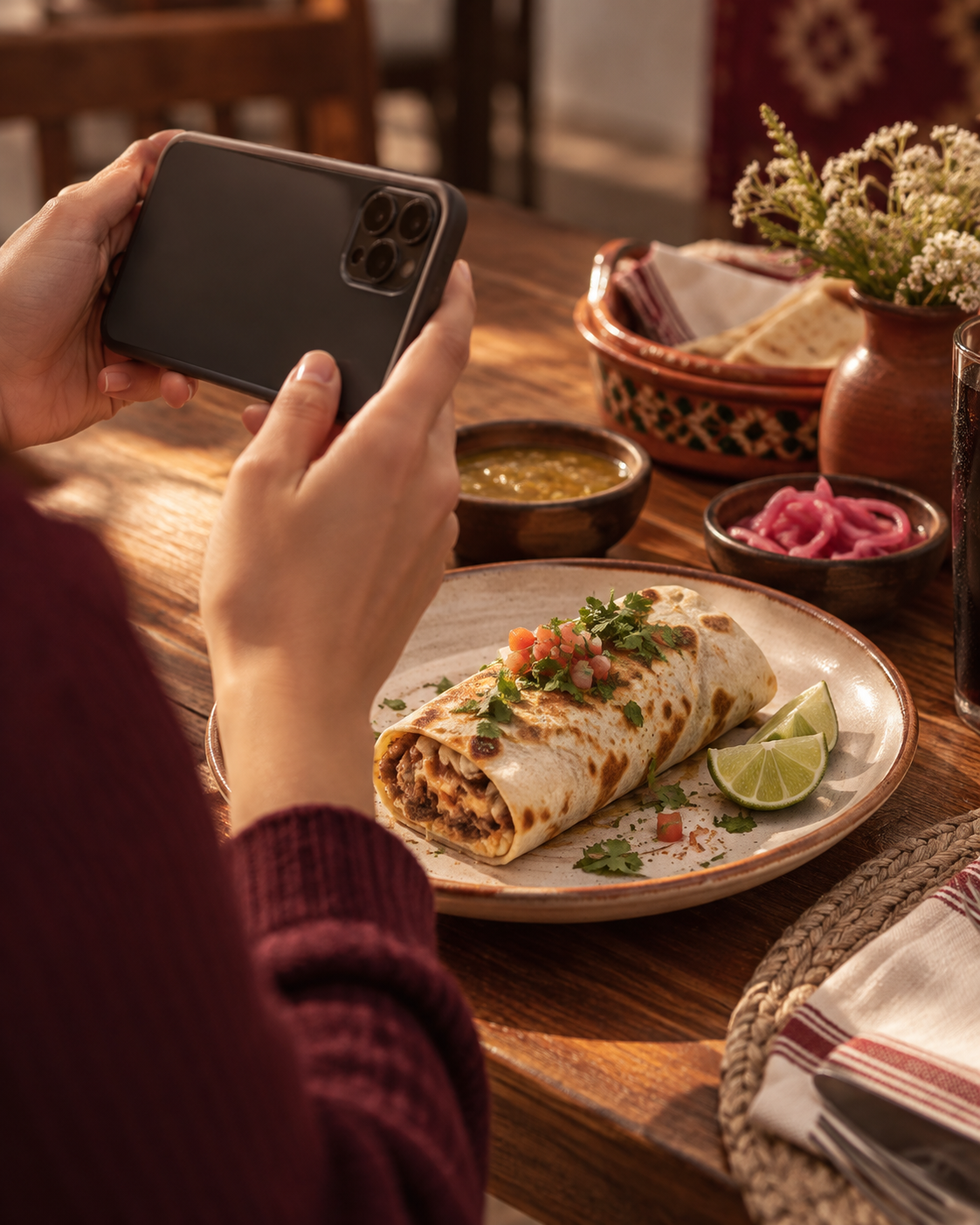 AI concept: a local creator photographs a burrito at a restaurant