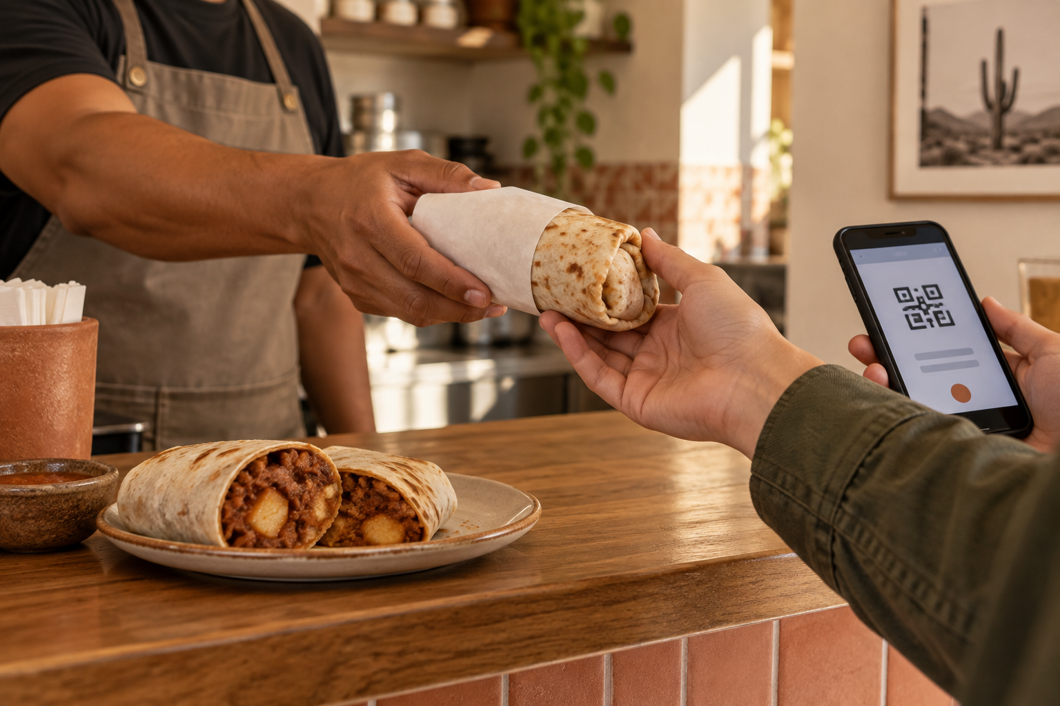 AI concept of a handmade burrito handed over a restaurant counter beside a phone coupon