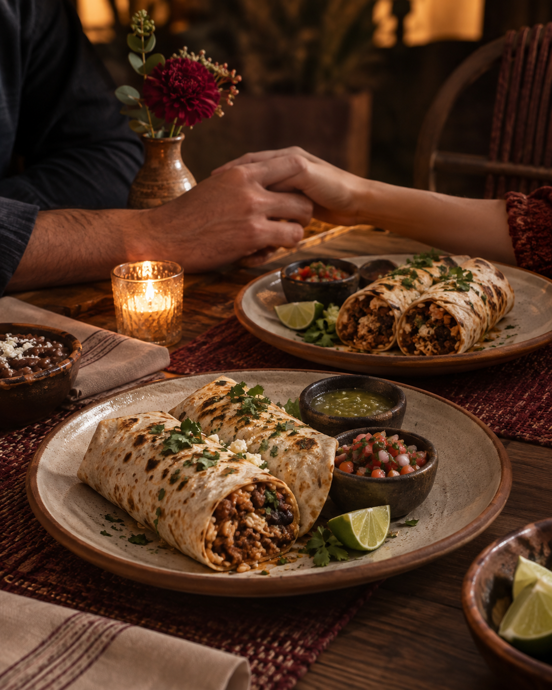 AI concept: two people sharing a candlelit burrito meal